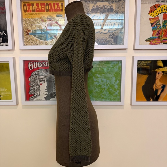 Olive Green Mesh Crochet Knit Cropped Butterfly Sweater - Picture 3 of 8